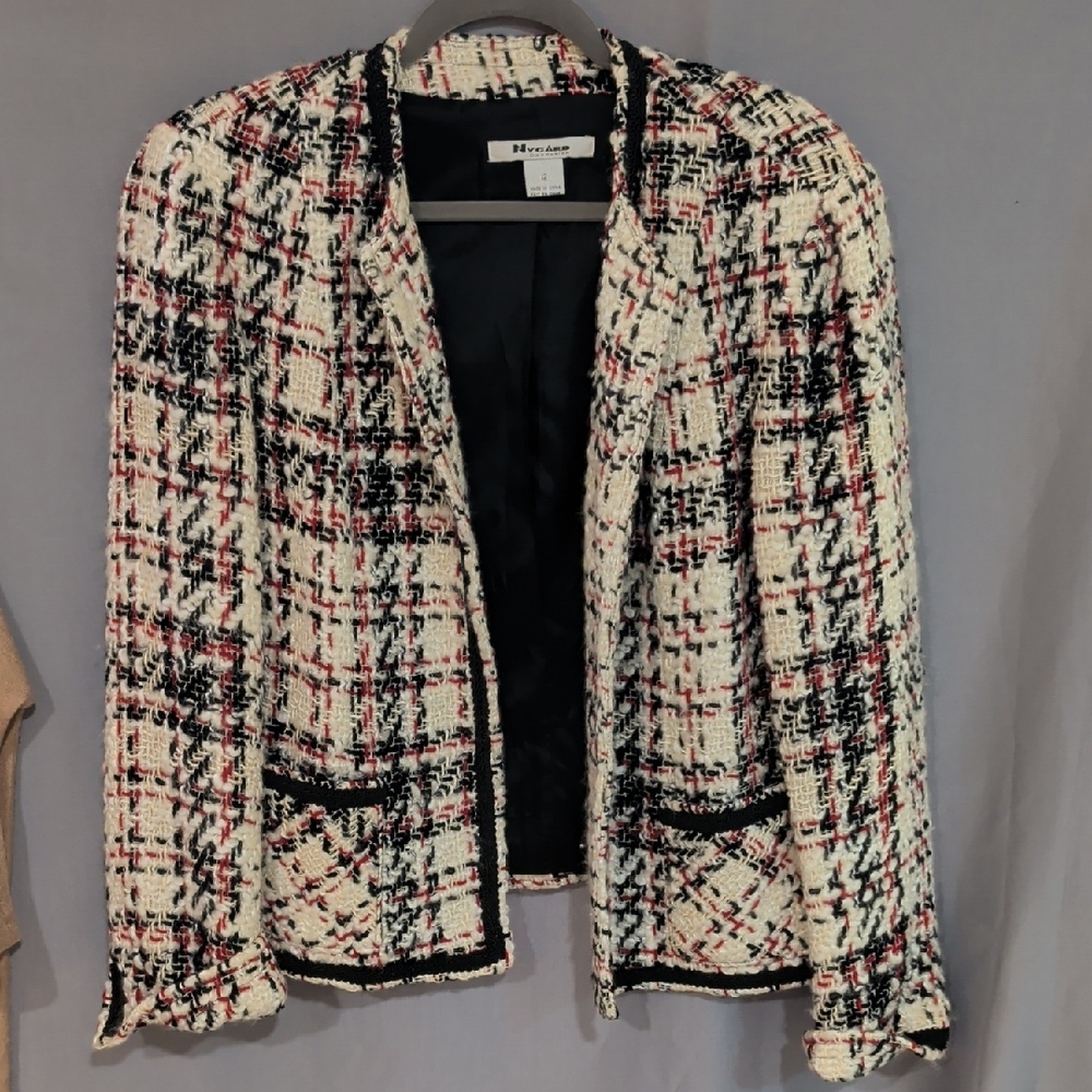 Peter Nygard Black and White Tweed Blazer with Red Accents